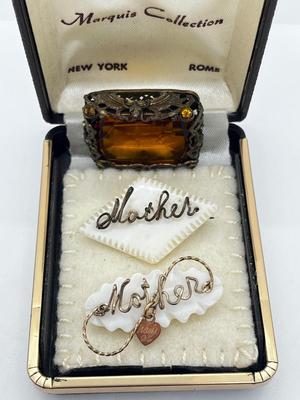 LOT 162J: Two Vintage Wire Wrapped Mother of Pearl "Mother" Pins and a Vintage Art Glass "Citrine" Rhinestone Brooch