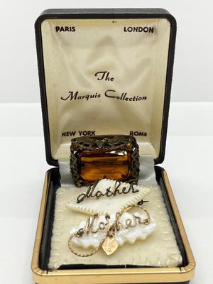 LOT 162J: Two Vintage Wire Wrapped Mother of Pearl "Mother" Pins and a Vintage Art Glass "Citrine" Rhinestone Brooch