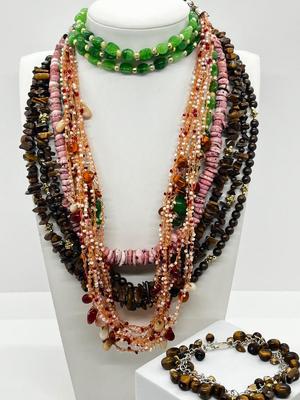 LOT 164J: Triple Strand Tiger Eye Necklace, Puka Shell Necklace, Tiger Eye Sterling Bracelet and More!