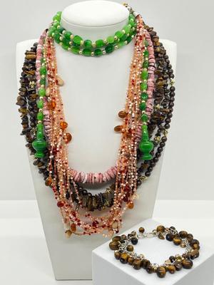 LOT 164J: Triple Strand Tiger Eye Necklace, Puka Shell Necklace, Tiger Eye Sterling Bracelet and More!