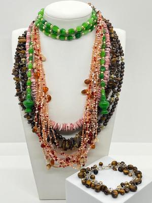LOT 164J: Triple Strand Tiger Eye Necklace, Puka Shell Necklace, Tiger Eye Sterling Bracelet and More!