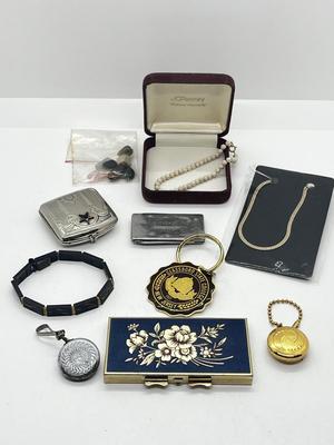LOT 177J: 14K Gold Filled Natural Stone Bracelet, Black and Gold Metal Bracelet, Eastern Star Compact, Pill Box and More