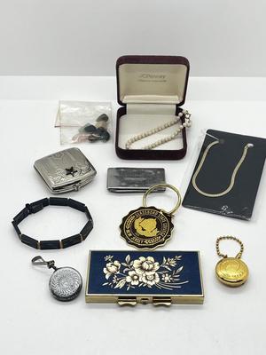 LOT 177J: 14K Gold Filled Natural Stone Bracelet, Black and Gold Metal Bracelet, Eastern Star Compact, Pill Box and More