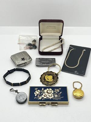 LOT 177J: 14K Gold Filled Natural Stone Bracelet, Black and Gold Metal Bracelet, Eastern Star Compact, Pill Box and More
