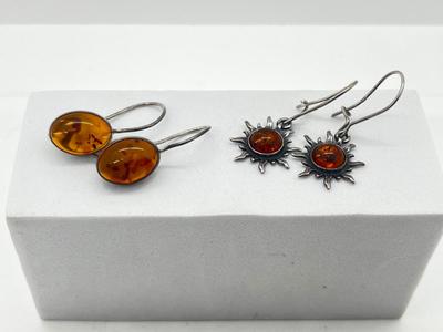 LOT 181J: Two Pairs Sterling Silver and Amber Pierced Earrings