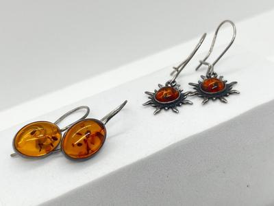 LOT 181J: Two Pairs Sterling Silver and Amber Pierced Earrings