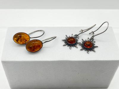 LOT 181J: Two Pairs Sterling Silver and Amber Pierced Earrings