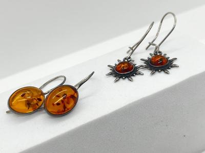 LOT 181J: Two Pairs Sterling Silver and Amber Pierced Earrings