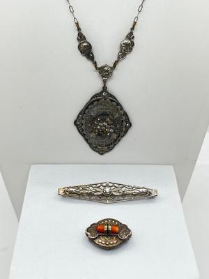 LOT 186J: Antique Victorian Enamel Coral Pendant/Pin, Sterling Rhinestone Fillagree Pendant Necklace and More