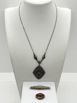 LOT 186J: Antique Victorian Enamel Coral Pendant/Pin, Sterling Rhinestone Fillagree Pendant Necklace and More