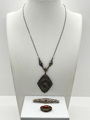 LOT 186J: Antique Victorian Enamel Coral Pendant/Pin, Sterling Rhinestone Fillagree Pendant Necklace and More