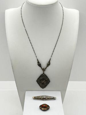 LOT 186J: Antique Victorian Enamel Coral Pendant/Pin, Sterling Rhinestone Fillagree Pendant Necklace and More