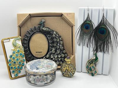 LOT 192J: Peacock Lot! Earrings, Brooch, Picture Frame, Ceramic Dish, Glass Bottle, Custom Bedazzled Phone Case