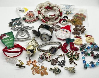 LOT 193J: Massive Christmas Jewelry Lot in a Vintage Spalding Box - Watches, Earrings, Pins and More