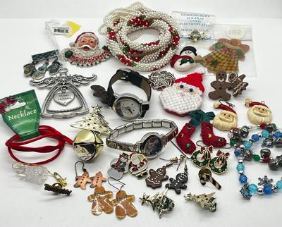 LOT 193J: Massive Christmas Jewelry Lot in a Vintage Spalding Box - Watches, Earrings, Pins and More