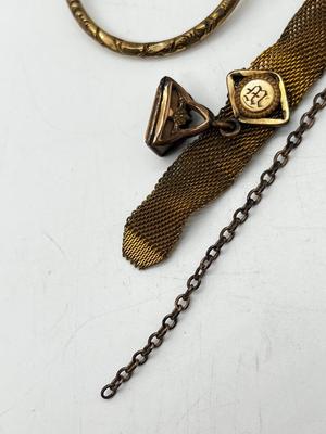 LOT 196J: Antique Victorian Gold Filled Mesh Watch Fob Chain and Circle Brooch