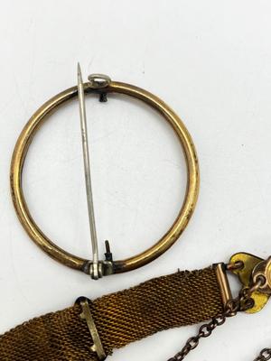 LOT 196J: Antique Victorian Gold Filled Mesh Watch Fob Chain and Circle Brooch