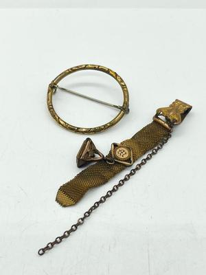 LOT 196J: Antique Victorian Gold Filled Mesh Watch Fob Chain and Circle Brooch