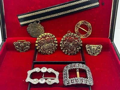 LOT 198J: Antique Victorian Belt Buckles with a Vintage Red Velvet Lined Jewelry Case