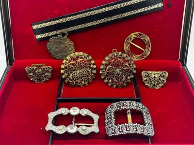 LOT 198J: Antique Victorian Belt Buckles with a Vintage Red Velvet Lined Jewelry Case