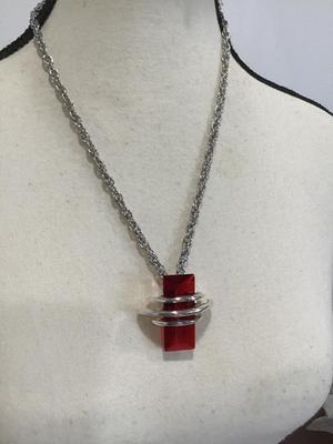 Large Red Glass Pendant Wrapped In Silvertone Artsy Statement