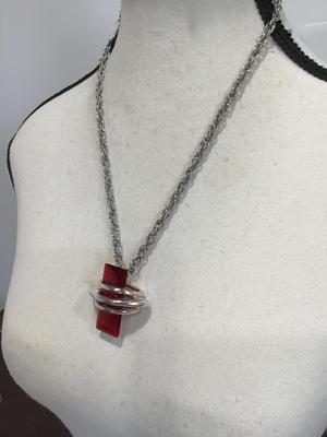 Large Red Glass Pendant Wrapped In Silvertone Artsy Statement
