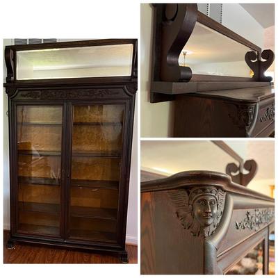 Antique Ornate Carved Wood Cabinet w Mirror Mantle