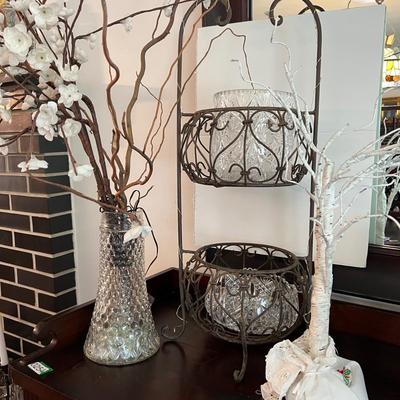 Decorative Lot - Crystal Bowls, Plant Stand, Vase, Faux Trees