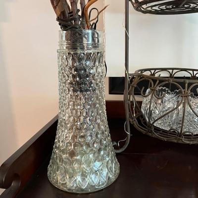 Decorative Lot - Crystal Bowls, Plant Stand, Vase, Faux Trees