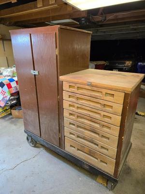 Vintage Custom Wood Tool & Hardware Cabinet on Heavy duty steel Casters – Drawer Organizer & Storage Unit