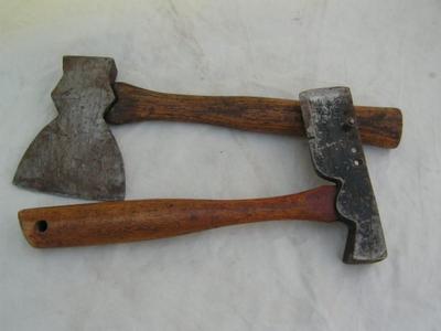 2 hatchets, 1 broad head & 1 shingle style