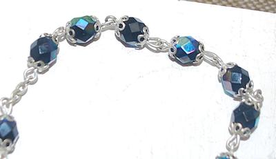 Iridescent Blue & Green Stones BRACELET (6" End-to-End) with Marked Italian CROSS & Rose Medal and a Lobster Style Clasp