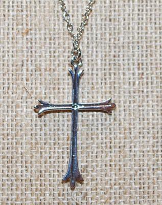 Thin Straight Line Cross PENDANT (1½" x 1") on a Silver Tone Necklace Chain 17" L