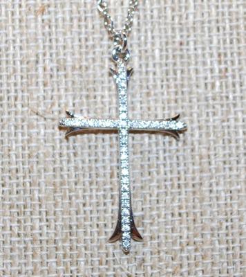 Thin Straight Line Cross PENDANT (1½" x 1") on a Silver Tone Necklace Chain 17" L