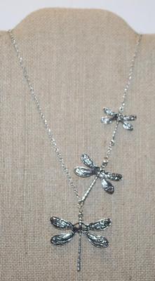 Triple Dragonflies Silver Tone PENDANTS (2" & Smaller) on a Silver Tone Long Necklace Chain 26" L