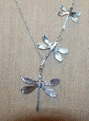 Triple Dragonflies Silver Tone PENDANTS (2" & Smaller) on a Silver Tone Long Necklace Chain 26" L