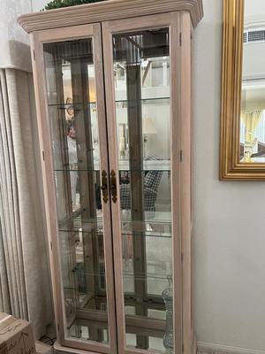 Sale Photo Thumbnail #41: Light Oak Wood construction. Double door front.  Measures 76" tall x 32" wide x 12" deep.  4 Glass shelves, lighted inside. Great condition. Pickup will be arranged from very local home in Brea.