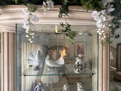 Sale Photo Thumbnail #19: Center Glass display area is rectangular, viewable from front and back.  Glass shelves, tap contains lights.  Great condition, measures approx. 80" tall, 40" wide and 16" deep. Pickup will be arranged from very local home in Brea. Pictured Figurines not i