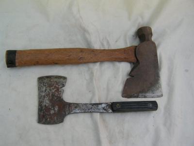 2 more hatchets, 1 carpenters hatchet and 1 camp hatchet