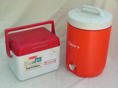 2 coolers, 6-pack cooler and water cooler, both clean inside