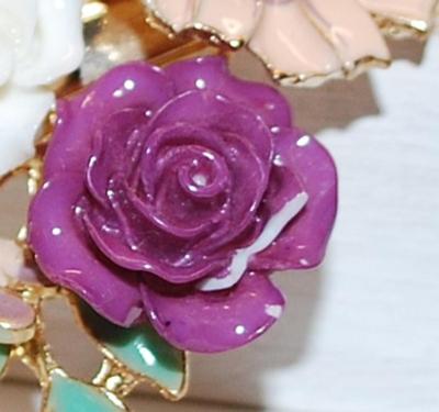 Ceramic PINK, WHITE & PURPLE Flowers BARRETTE (3" x 2") with Pearl and Leaf Accents on a Gold Tone Bar