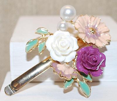 Ceramic PINK, WHITE & PURPLE Flowers BARRETTE (3" x 2") with Pearl and Leaf Accents on a Gold Tone Bar