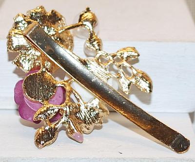 Ceramic PINK, WHITE & PURPLE Flowers BARRETTE (3" x 2") with Pearl and Leaf Accents on a Gold Tone Bar