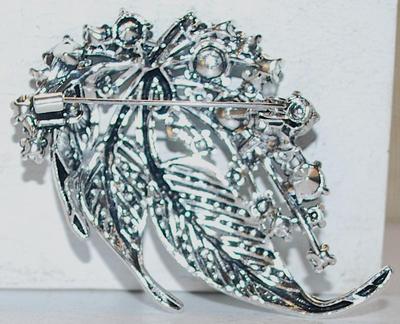 Large BLUES & GREENS Stones "Leaf Spray" BROOCH (3" x 2") on a Silver Tone Setting