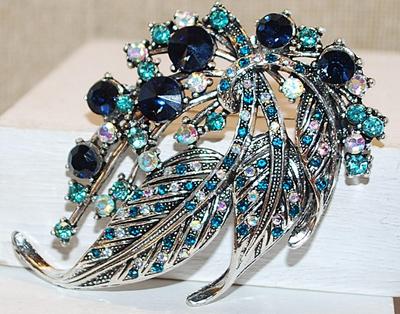 Large BLUES & GREENS Stones "Leaf Spray" BROOCH (3" x 2") on a Silver Tone Setting