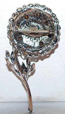 9 BLUE Stones Circular Flower BROOCH (2¾" x 1¼") with Silver Tone Leaf Stem
