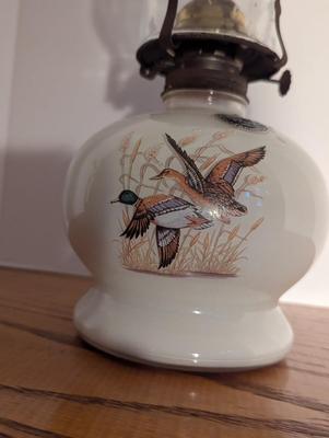 Vintage Ivory Glass Oil Lamp Flying Ducks Light Lamplight Farms
