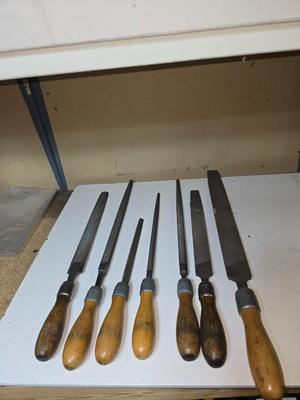 7 Vintage Wood-Handled Metal Files – Mixed Types & Sizes