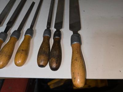 7 Vintage Wood-Handled Metal Files – Mixed Types & Sizes