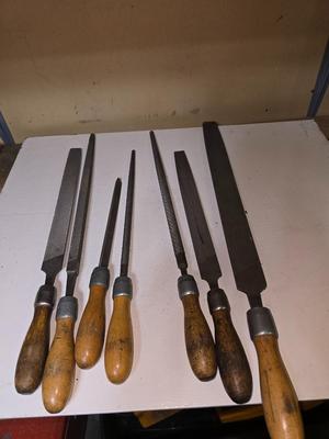 7 Vintage Wood-Handled Metal Files – Mixed Types & Sizes